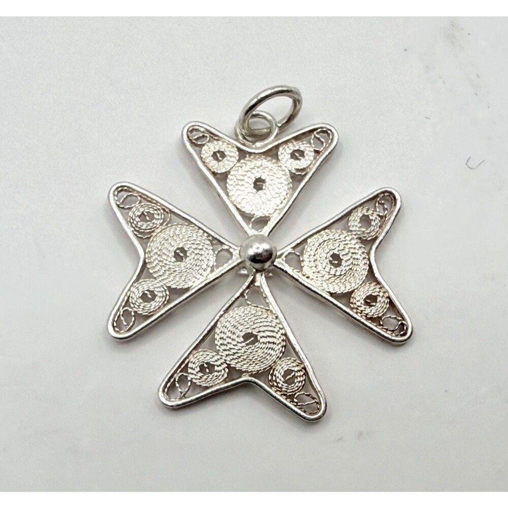 Vintage 925 AJF Sterling Silver Filigree Maltese Cross Pendant Religious Charm